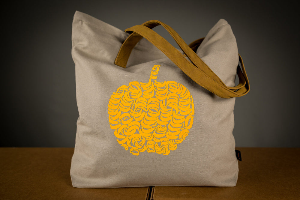 Apfel Stabile Einkaufstasche mit Reissverschluss, braune velour Leder Henkel, Motiv aus Bananen in Gelb Aufdruck, Jutebeutel Geschenk
