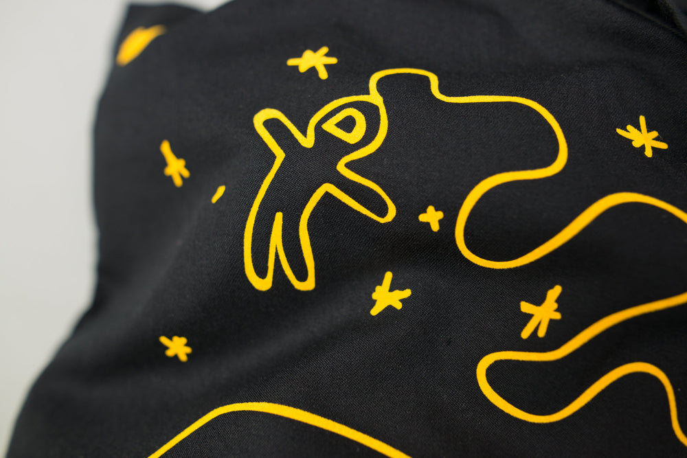 Jutebeutel mit Astronaut im All - Computer Internet Aufdruck Bio Baumwolle Tasche Beutel biobaumwolle Farbe schwarz  Motiv gelb mit Sternen