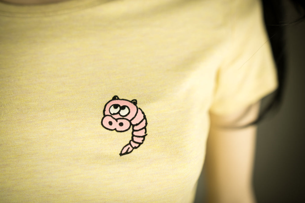 T-Shirt für Frauen mit Schweineshrimp, Schwein lustiges Motiv Bio Shirt, Fair flauschiges Motiv aus Flock Shirtfarbe gelb  + weitere Farben