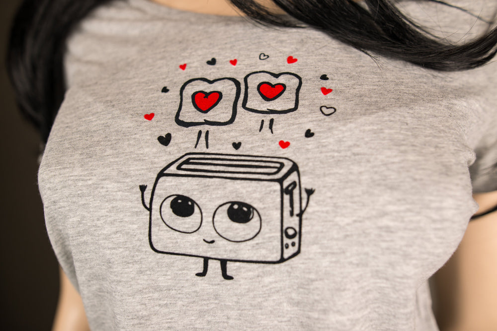 Frauen T-Shirt mit verliebtem Toaster Herz Motiv Bio Shirt, Fairtrade flauschiges Motiv aus Flock grau meliert + weitere - valentinstag