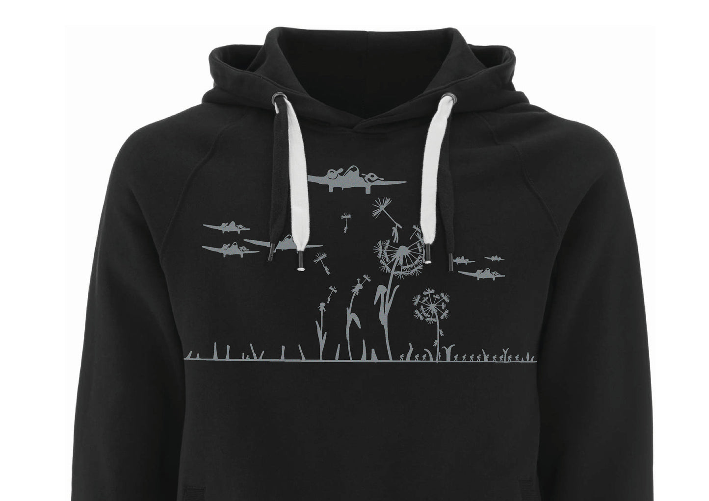 Flauschiger Hoodie für Männer bio hoody Pusteblume schwarzer Pullover mit Motiv in grau Herren Kapuzenpullover Biobaumwolle, fair produziert