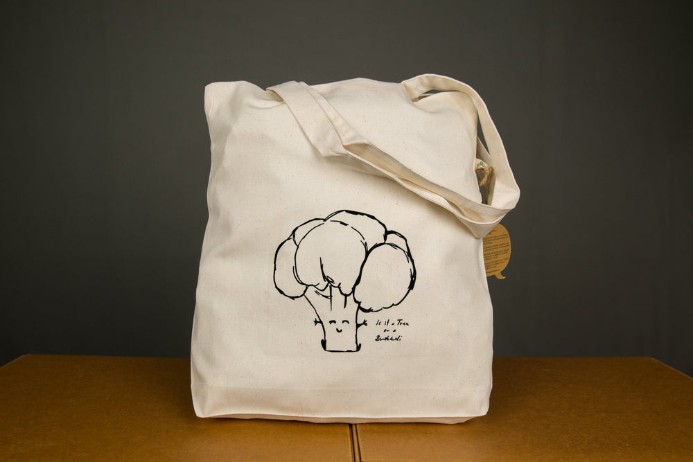 Einkaufstasche mit Brokkoli Aufdruck, Gemüse Jutebeutel für veganer Farbe natur beige Stoffbeutel aus Biobaumwolle, Tasche für den Einkauf