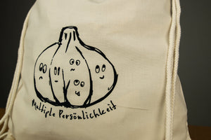 Veganer Rucksack mit Knoblauch Aufdruck, Bio Baumwolle Turnbeutel Farbe beige, multiple Persönlichkeit, für Festival bedruckter Sport Beutel