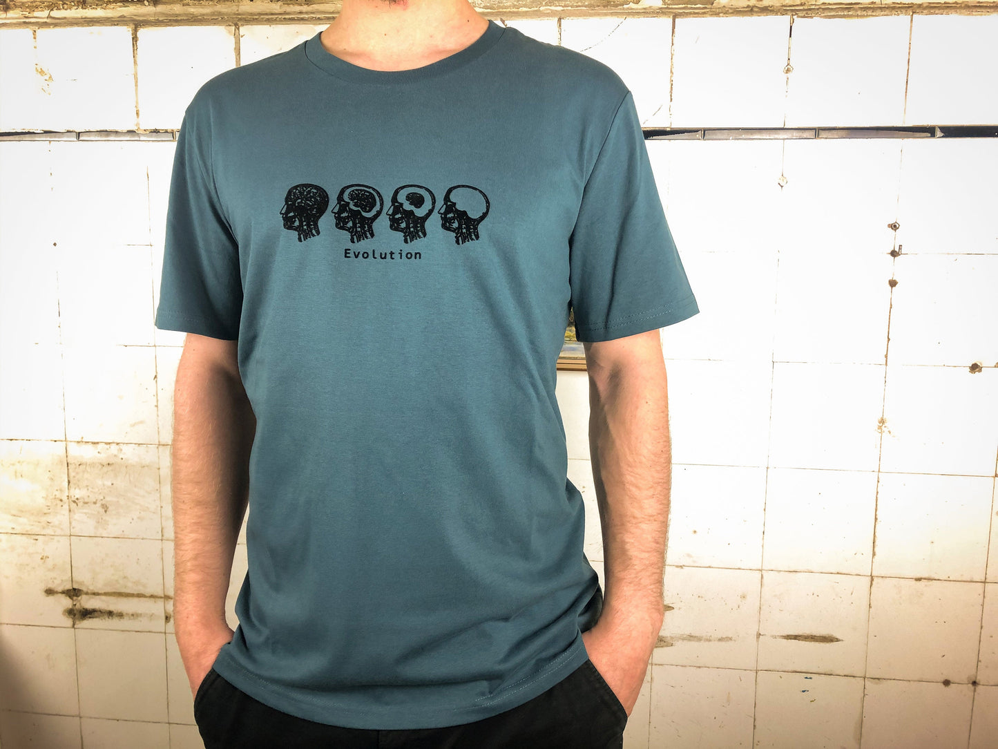 Evolution Männer T-Shirt Bio Shirt petrol blau mit lustigem Druck Motiv aus Flock Gehirn Evolution Männer Geschenk + weitere Farben