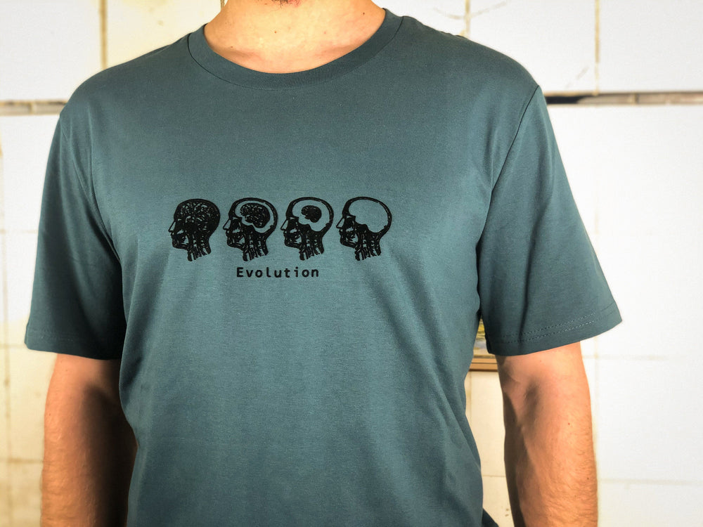 Evolution Männer T-Shirt Bio Shirt petrol blau mit lustigem Druck Motiv aus Flock Gehirn Evolution Männer Geschenk + weitere Farben