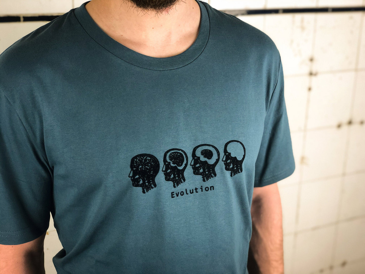 Evolution Männer T-Shirt Bio Shirt petrol blau mit lustigem Druck Motiv aus Flock Gehirn Evolution Männer Geschenk + weitere Farben