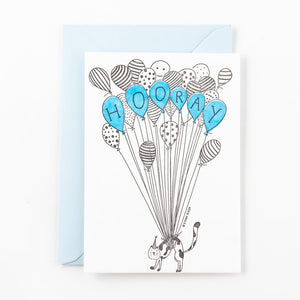 Hooray Balloon Cat Letterpress Postkarte