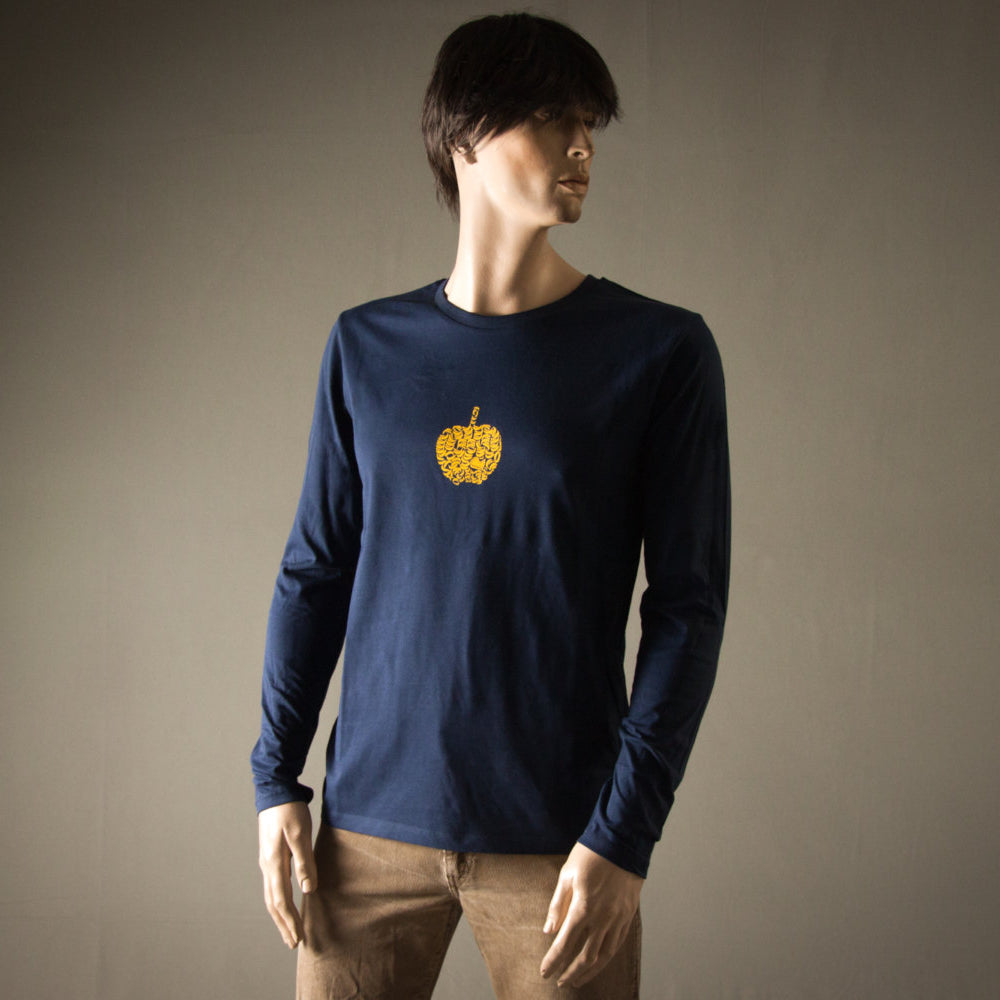 Think Different Männer Longsleeve langarm Shirt mit Apfel aus Bananen Motiv in Gelb Apple nerd shirt in Dunkelblau Navy Print aus Flock