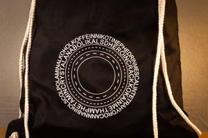 Gymbag Drogenring Turnbeutel rucksack schwarz weiss grau mit Drogen Ring Wörter Druck Motiv aus Flock in weiss + weitere Farben zu Auswahl