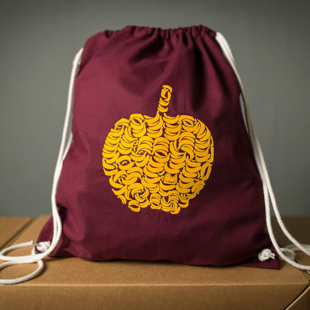 
                  
                    Apfel Turnbeutel - Rucksack mit Apfel aus Bananen in Gelb mit Aufdruck gymsac Farbe Rot / Bordeaux -  Flock Motiv zum nachdenken Festival
                  
                