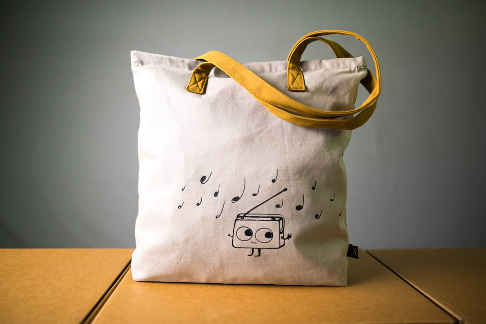 Stabile Musik Einkaufstasche mit Reissverschluss und velour Leder Henkeln Radio Aufdruck, Jutebeutel Farbe beige/grau, Motiv tanzendes Radio