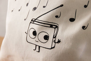 Stabile Musik Einkaufstasche mit Reissverschluss und velour Leder Henkeln Radio Aufdruck, Jutebeutel Farbe beige/grau, Motiv tanzendes Radio