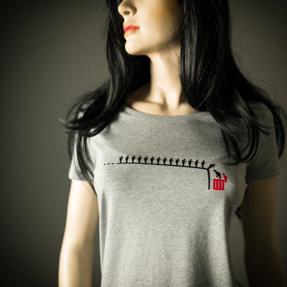 Damen T-Shirt handy lemminge für Frauen Bio Shirt grau meliert mit smartphone süchtigen menschen piktogram Motiv aus Flock  + weitere Farben