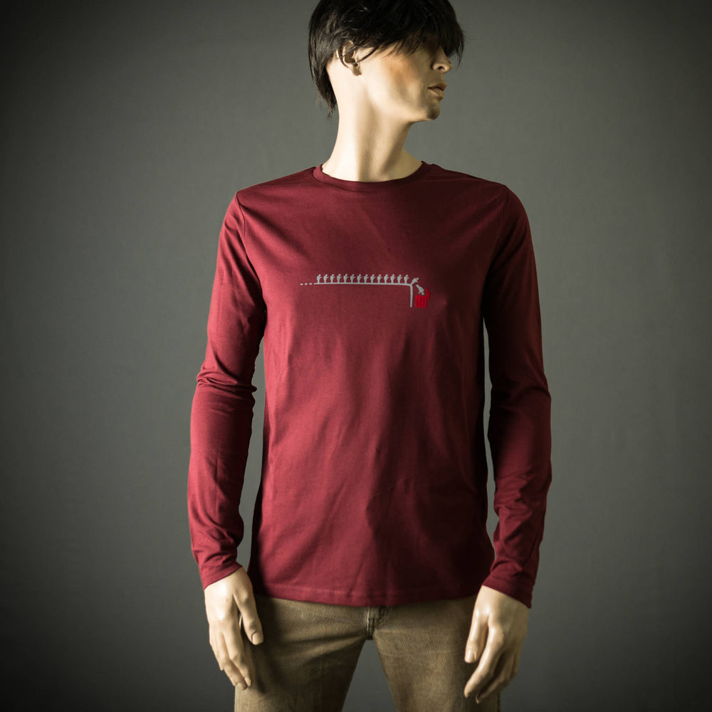 Langarm T-Shirt handy lemminge für Männer Bio Shirt bordeaux rot mit mülleimer Druck longsleeve Motiv aus Flock  + weitere Farben