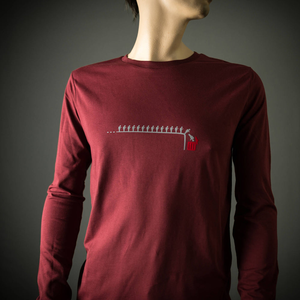 Langarm T-Shirt handy lemminge für Männer Bio Shirt bordeaux rot mit mülleimer Druck longsleeve Motiv aus Flock  + weitere Farben