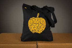 Fruchtiger Apfel Jutebeutel in schwarz Motiv aus Bananen in Gelb mit Aufdruck Tasche Beutel aus Biobaumwolle  -  flauschiges Flock Motiv
