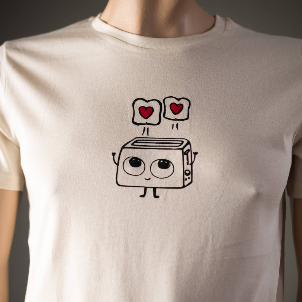 Cooles T-Shirt für Männer mit verliebtem Toaster Herz Motiv Bio Shirt, Fairtrade flauschiges Motiv aus Flock natur + weitere - valentinstag