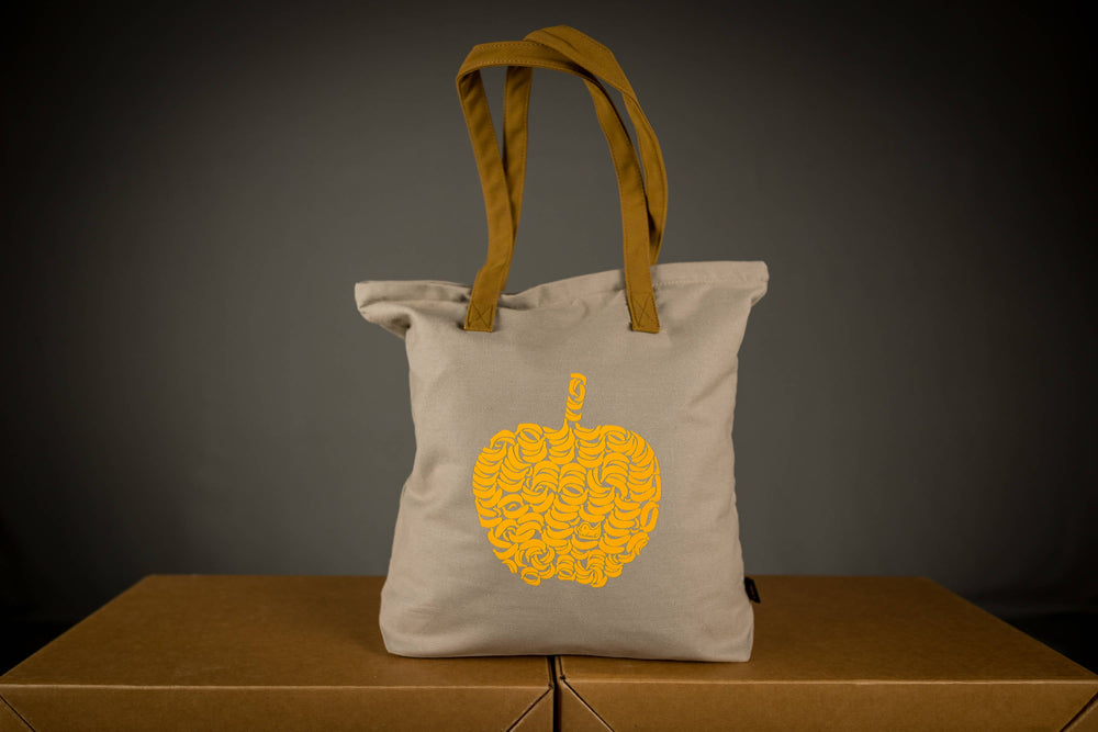 Apfel Stabile Einkaufstasche mit Reissverschluss, braune velour Leder Henkel, Motiv aus Bananen in Gelb Aufdruck, Jutebeutel Geschenk