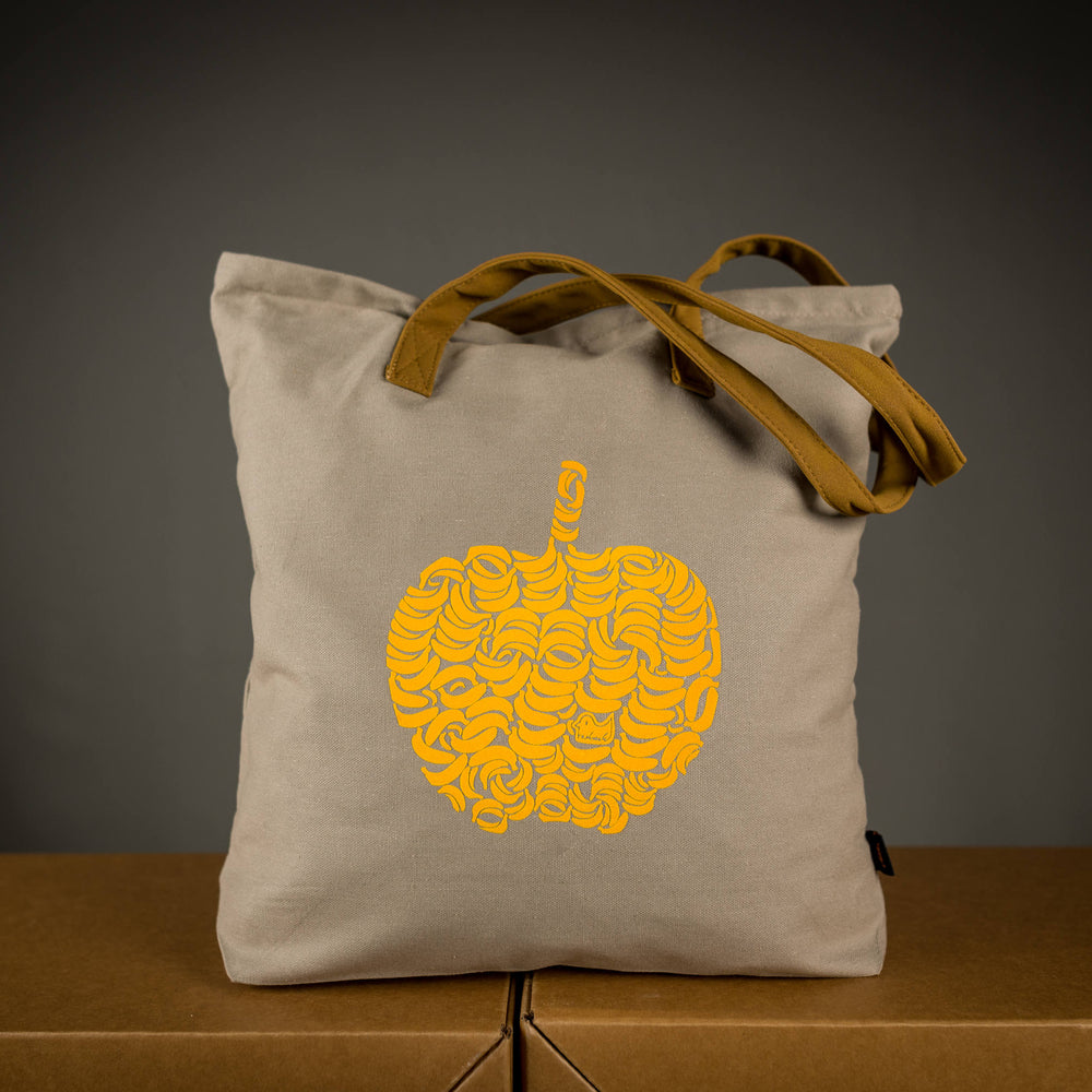 Apfel Stabile Einkaufstasche mit Reissverschluss, braune velour Leder Henkel, Motiv aus Bananen in Gelb Aufdruck, Jutebeutel Geschenk