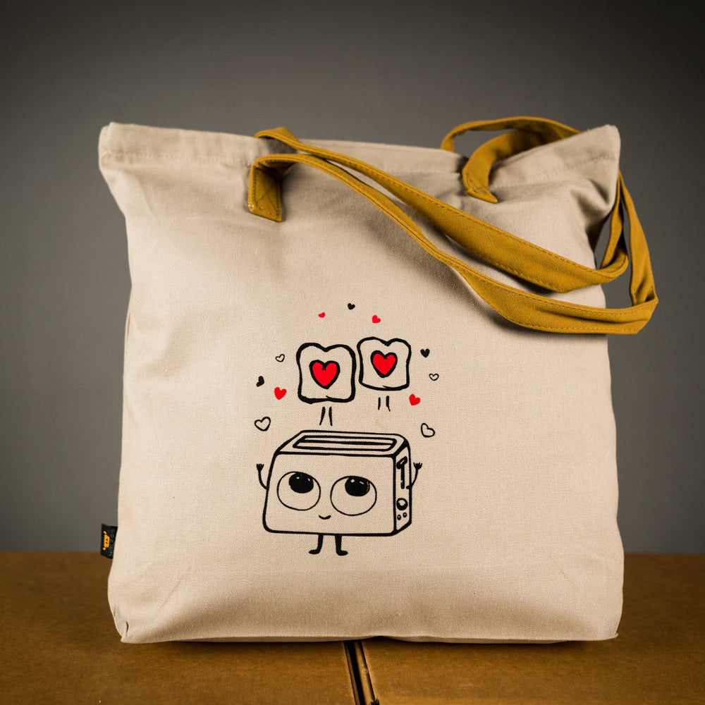 Stabile Einkaufstasche mit Reissverschluss, braune velour Leder Henkel, süsser Toaster mit Herzen Motiv flock Aufdruck, Jutebeutel Geschenk