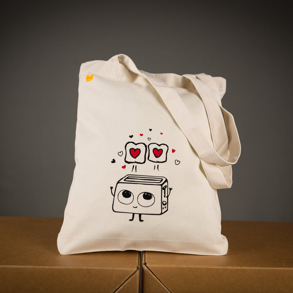 Schöner Jutebeutel mit Toaster Aufdruck - lustige Bio Einkaufstasche, süsser Toaster mit Herzen Motiv , recycelte Baumwolltasche Geschenk