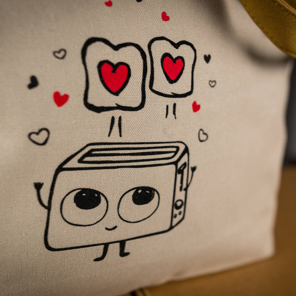 Stabile Einkaufstasche mit Reissverschluss, braune velour Leder Henkel, süsser Toaster mit Herzen Motiv flock Aufdruck, Jutebeutel Geschenk