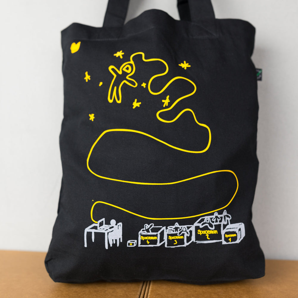 Jutebeutel mit Astronaut im All - Computer Internet Aufdruck Bio Baumwolle Tasche Beutel biobaumwolle Farbe schwarz  Motiv gelb mit Sternen