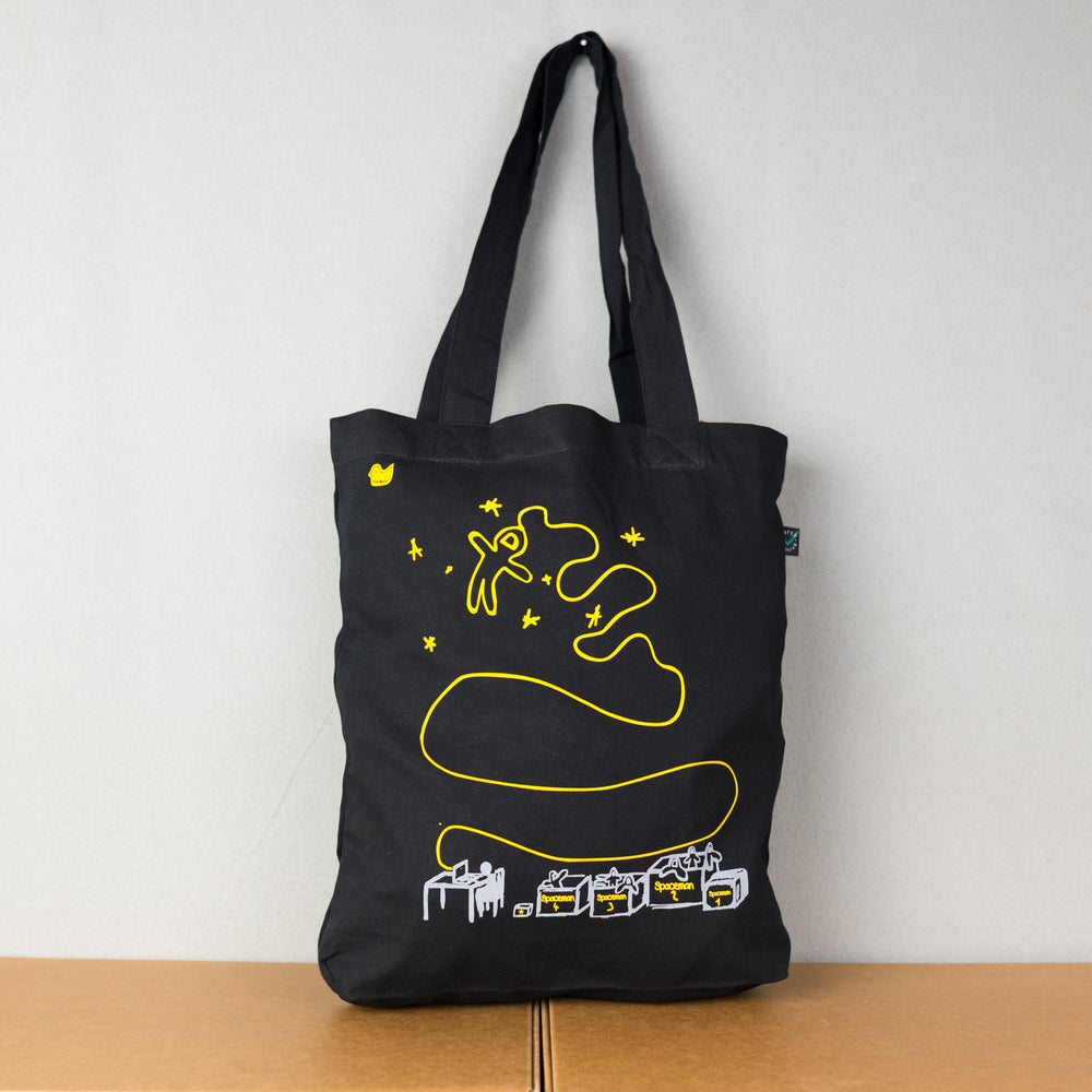 Jutebeutel mit Astronaut im All - Computer Internet Aufdruck Bio Baumwolle Tasche Beutel biobaumwolle Farbe schwarz  Motiv gelb mit Sternen