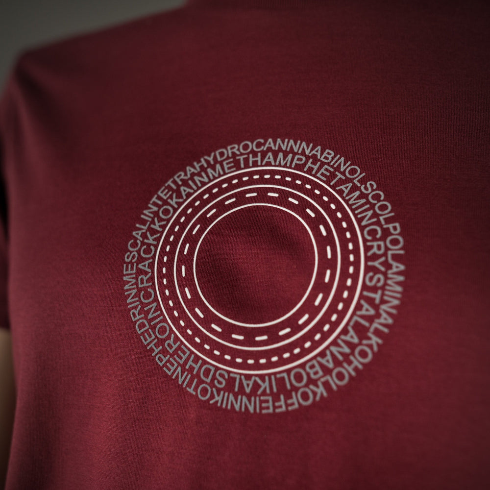T-Shirt Drogenring für Männer Bio Shirt bordeaux mit Drogen Ring Druck Motiv aus Flock in weiss + weitere Farben und Größen