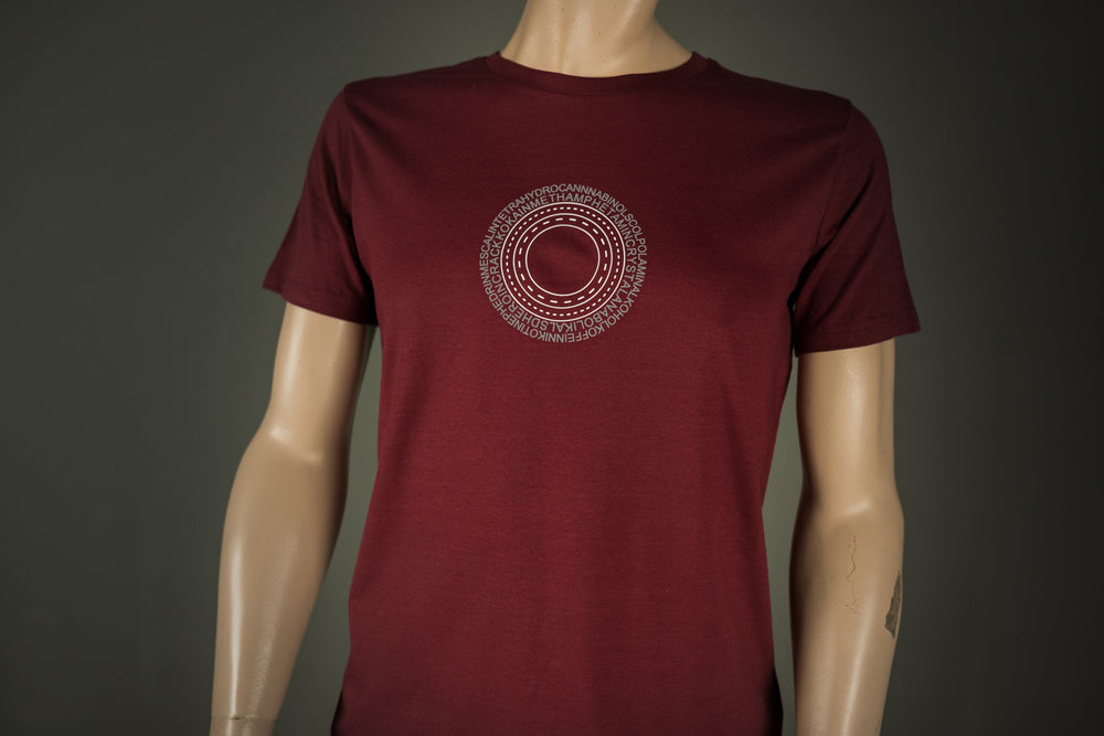 T-Shirt Drogenring für Männer Bio Shirt bordeaux mit Drogen Ring Druck Motiv aus Flock in weiss + weitere Farben und Größen
