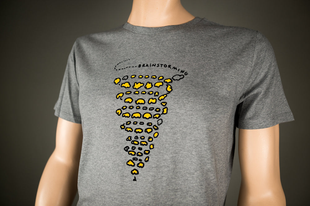 Brainstorming Männer T-Shirt aus Biobaumwolle BIO Shirt in grau meliert mit Motiv aus flock Gehirn Sturm T-shirt Motiv für Nerds + Studenten