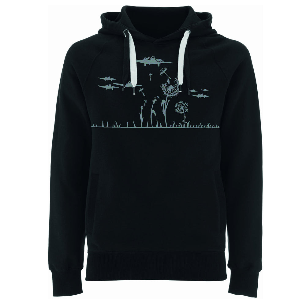 
                  
                    Flauschiger Hoodie für Männer bio hoody Pusteblume schwarzer Pullover mit Motiv in grau Herren Kapuzenpullover Biobaumwolle, fair produziert
                  
                