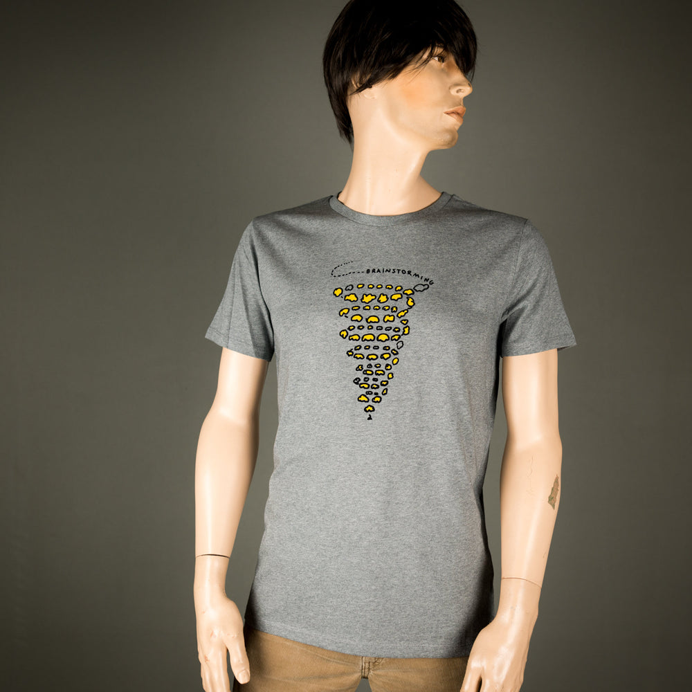 
                  
                    Brainstorming Männer T-Shirt aus Biobaumwolle BIO Shirt in grau meliert mit Motiv aus flock Gehirn Sturm T-shirt Motiv für Nerds + Studenten
                  
                