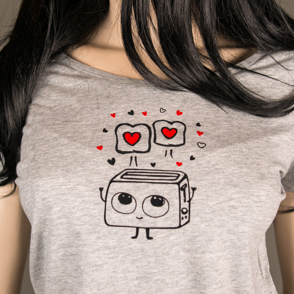 
                  
                    Frauen T-Shirt mit verliebtem Toaster Herz Motiv Bio Shirt, Fairtrade flauschiges Motiv aus Flock grau meliert + weitere - valentinstag
                  
                