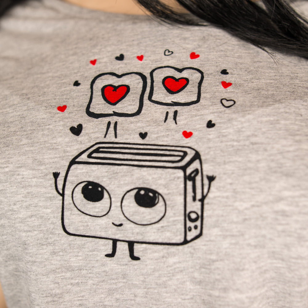 
                  
                    Frauen T-Shirt mit verliebtem Toaster Herz Motiv Bio Shirt, Fairtrade flauschiges Motiv aus Flock grau meliert + weitere - valentinstag
                  
                