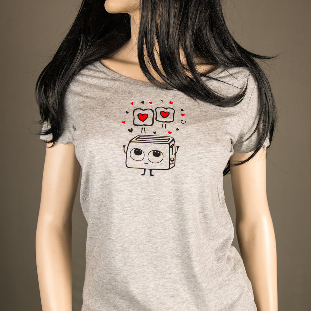 
                  
                    Frauen T-Shirt mit verliebtem Toaster Herz Motiv Bio Shirt, Fairtrade flauschiges Motiv aus Flock grau meliert + weitere - valentinstag
                  
                