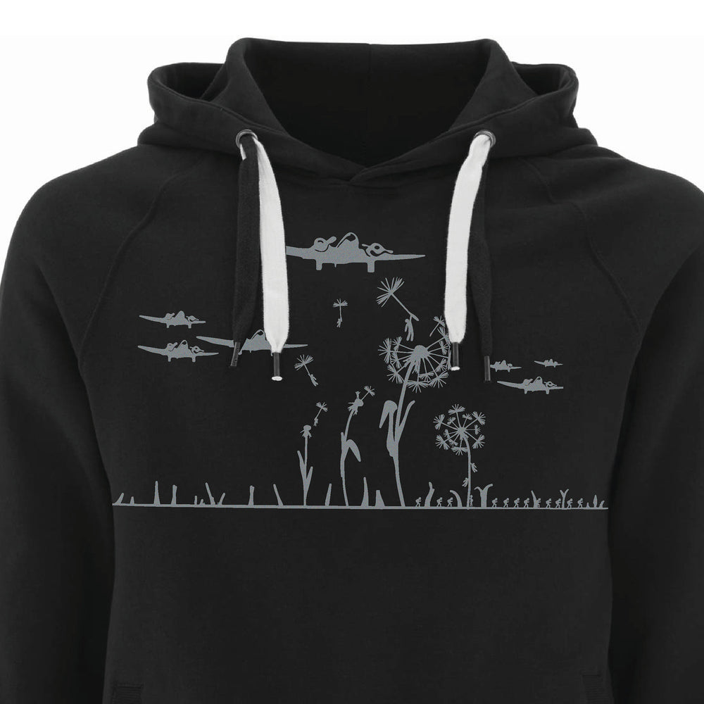 
                  
                    Flauschiger Hoodie für Männer bio hoody Pusteblume schwarzer Pullover mit Motiv in grau Herren Kapuzenpullover Biobaumwolle, fair produziert
                  
                