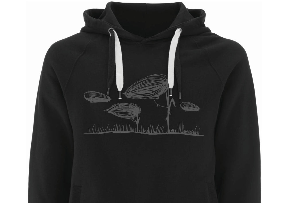 Flauschiger Hoodie für Männer bio hoody Zeppelin schwarzer Pullover mit Motiv in grau Herren Kapuzenpullover Biobaumwolle, fair produziert
