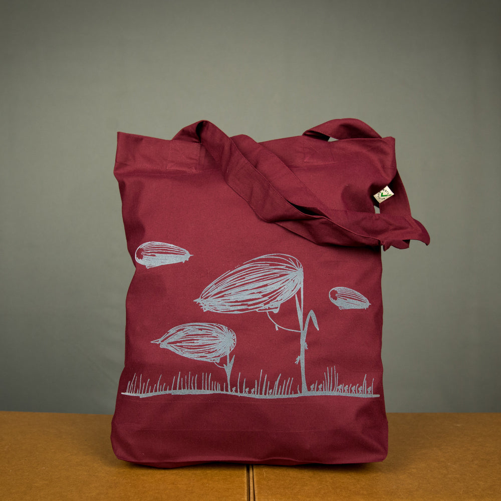 
                  
                    Blumen Einkaufstasche / Zeppelin Jutebeutel bordeaux - grau bedruckter Beutel aus Biobaumwolle - fürn Strand oder zum nachhaltigen Einkaufen
                  
                