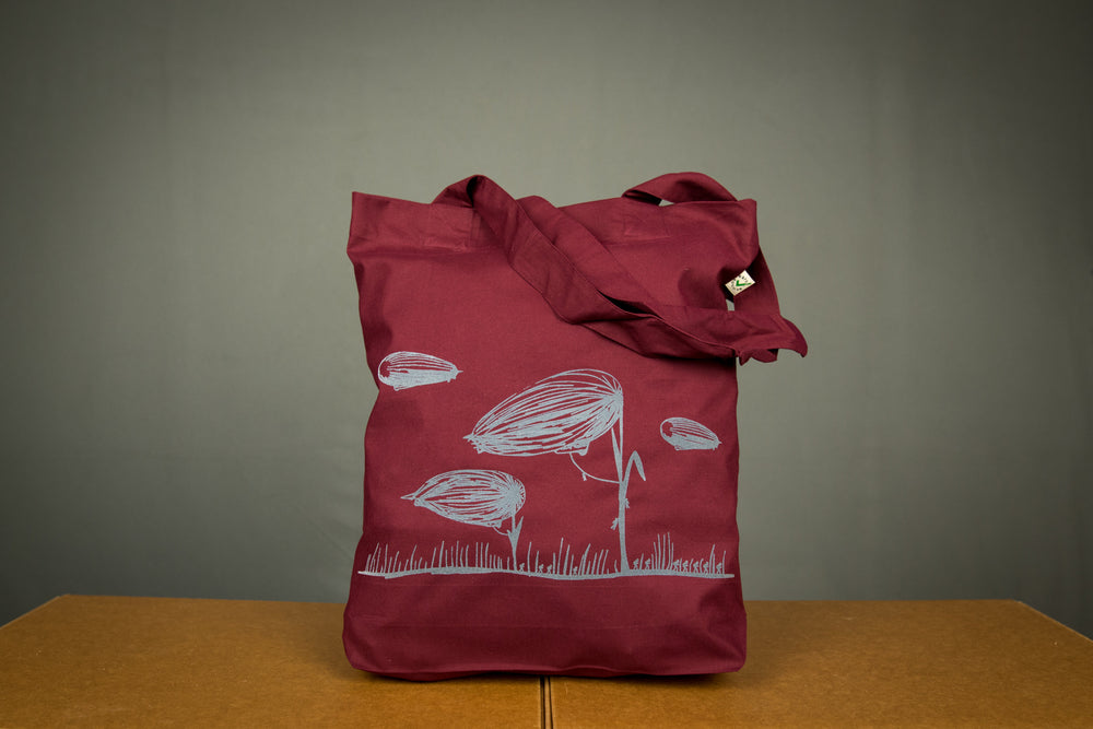 Blumen Einkaufstasche / Zeppelin Jutebeutel bordeaux - grau bedruckter Beutel aus Biobaumwolle - fürn Strand oder zum nachhaltigen Einkaufen