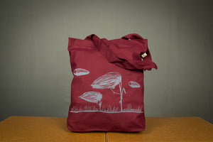 Blumen Einkaufstasche / Zeppelin Jutebeutel bordeaux - grau bedruckter Beutel aus Biobaumwolle - fürn Strand oder zum nachhaltigen Einkaufen