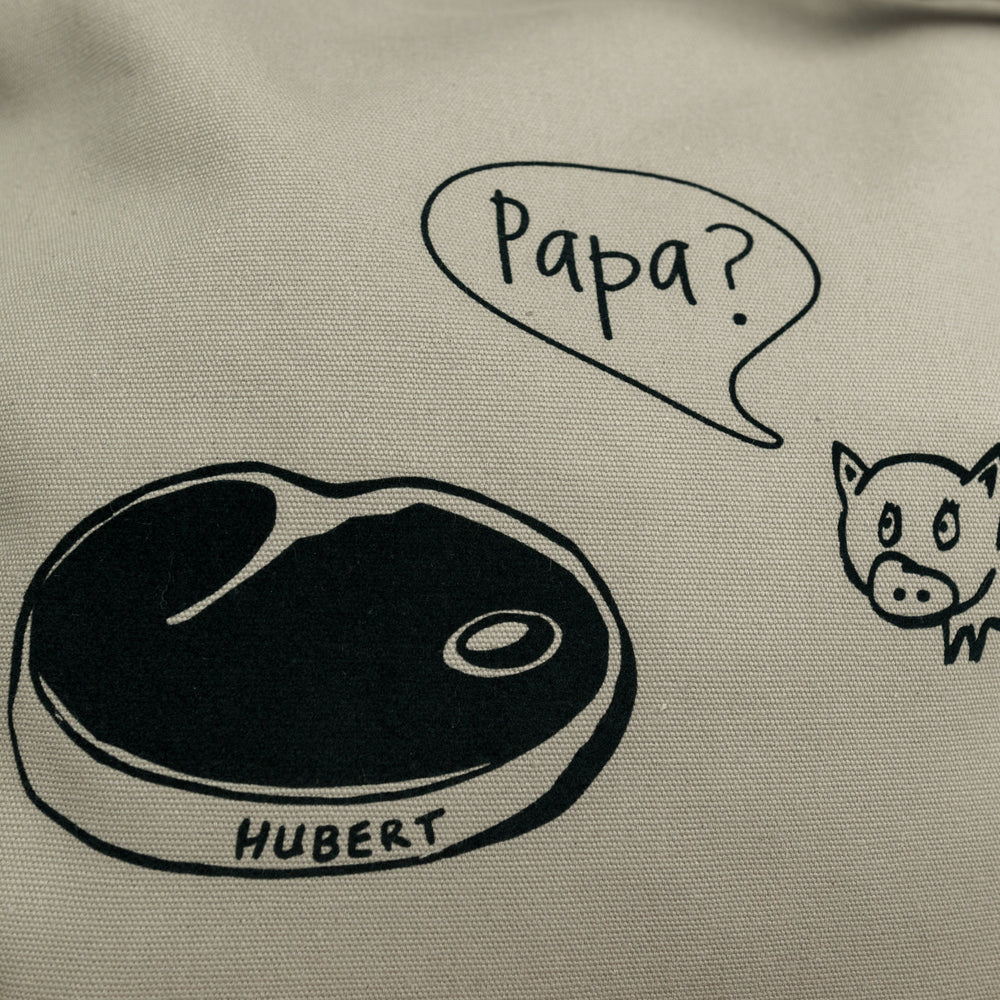 
                  
                    Einkaufstasche mit Reissverschluss und Velour Leder Henkeln mit schwarzem Humor Aufdruck, Schwein und Steak , Geschenk für Veganer Papa
                  
                