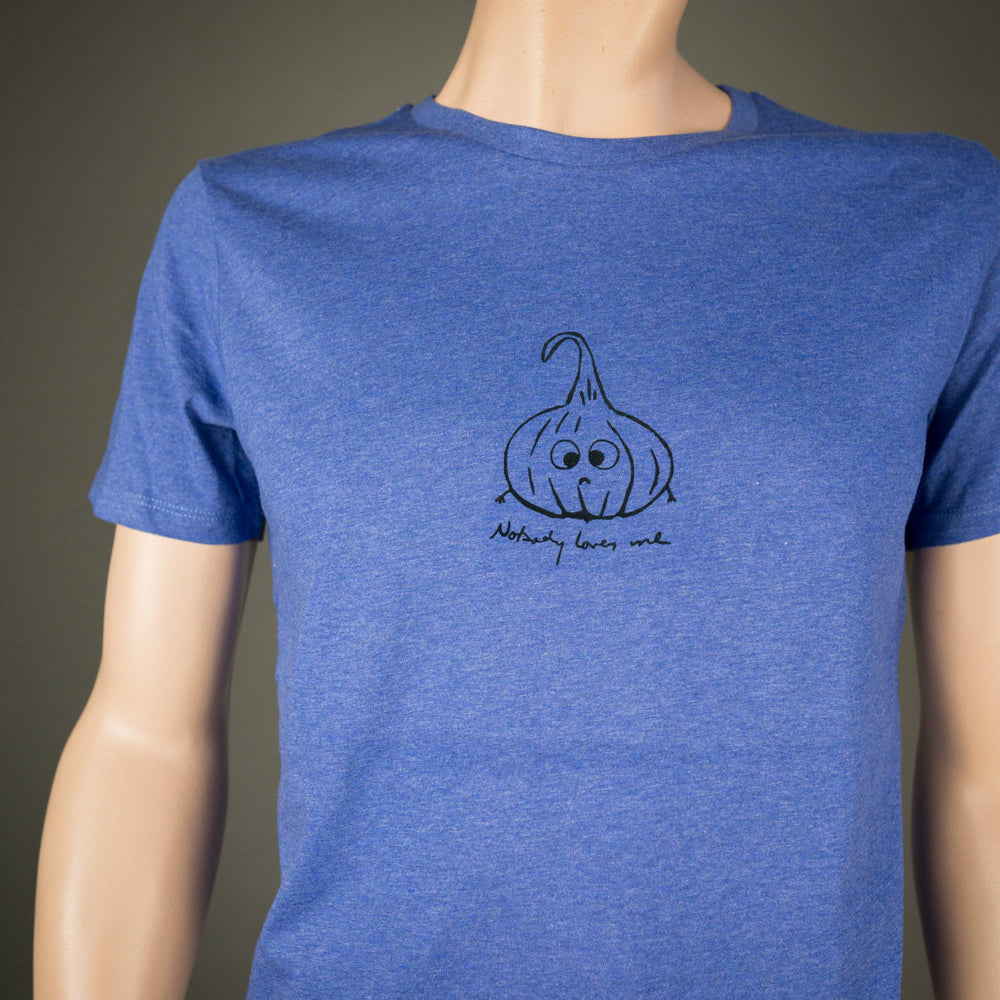 
                  
                    Knoblauch Shirt für Männer - Nobody loves me - Bio T-Shirt blau mit Zwiebel Motiv aus Flock Geschenk für Veganer, Köche  + weitere Farben
                  
                