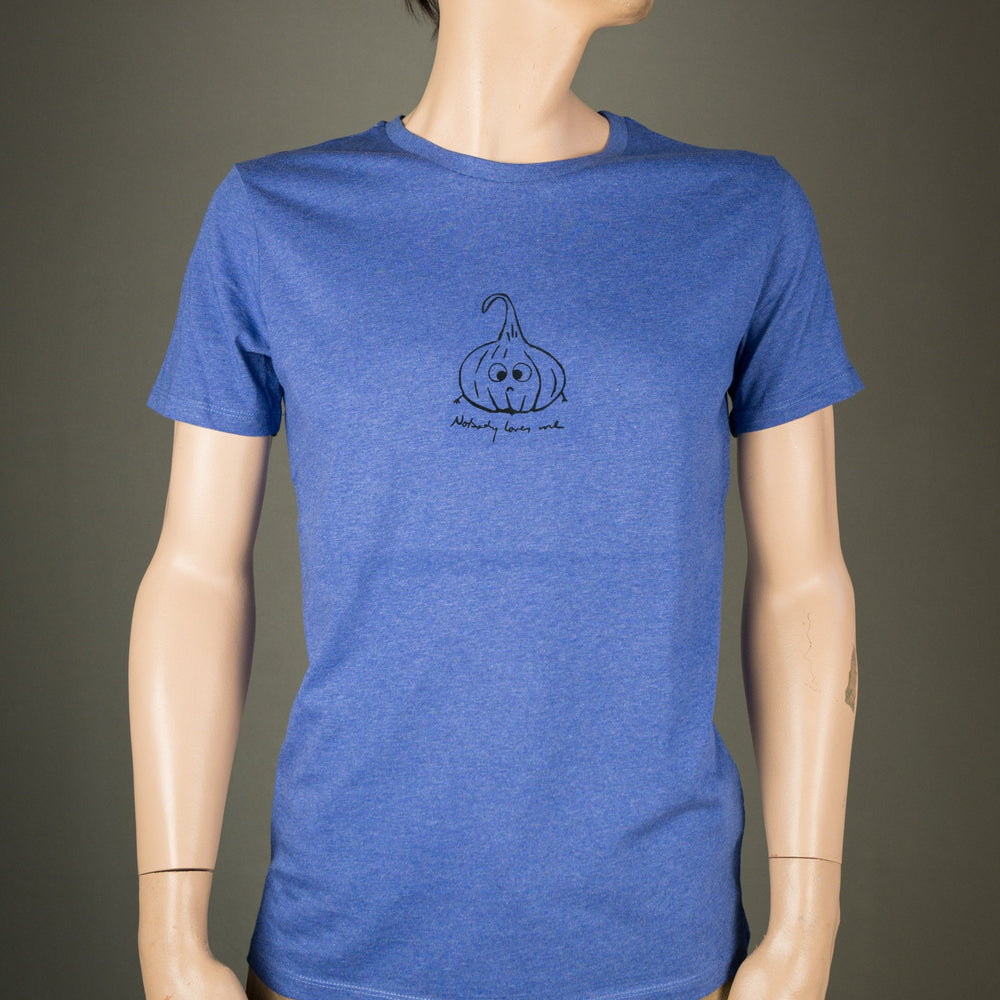 
                  
                    Knoblauch Shirt für Männer - Nobody loves me - Bio T-Shirt blau mit Zwiebel Motiv aus Flock Geschenk für Veganer, Köche  + weitere Farben
                  
                