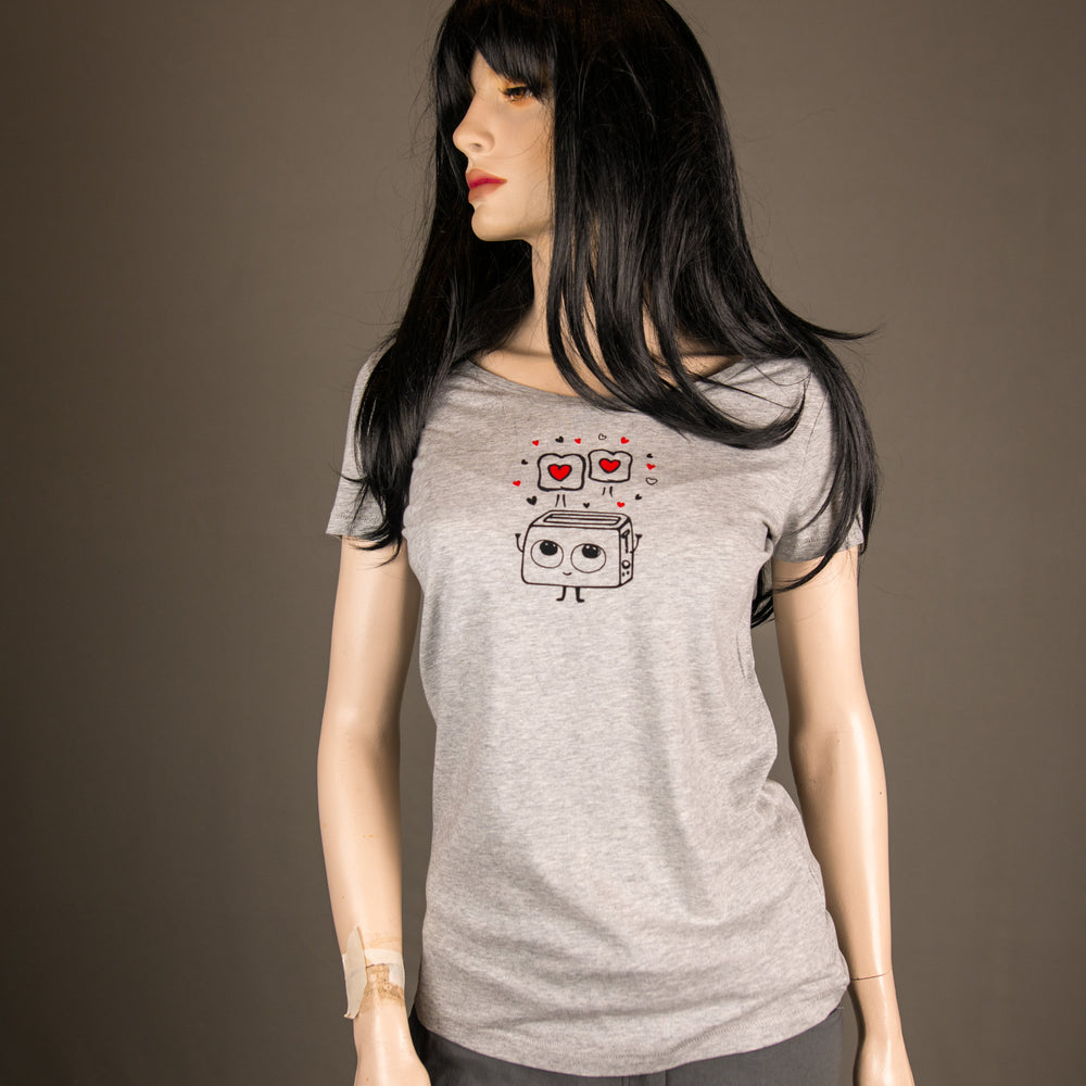 
                  
                    Frauen T-Shirt mit verliebtem Toaster Herz Motiv Bio Shirt, Fairtrade flauschiges Motiv aus Flock grau meliert + weitere - valentinstag
                  
                