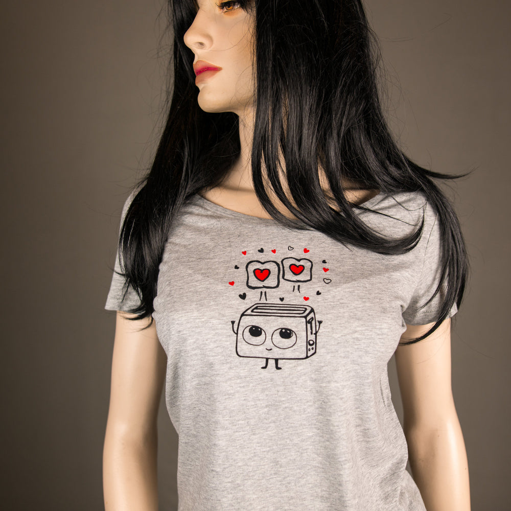 
                  
                    Frauen T-Shirt mit verliebtem Toaster Herz Motiv Bio Shirt, Fairtrade flauschiges Motiv aus Flock grau meliert + weitere - valentinstag
                  
                