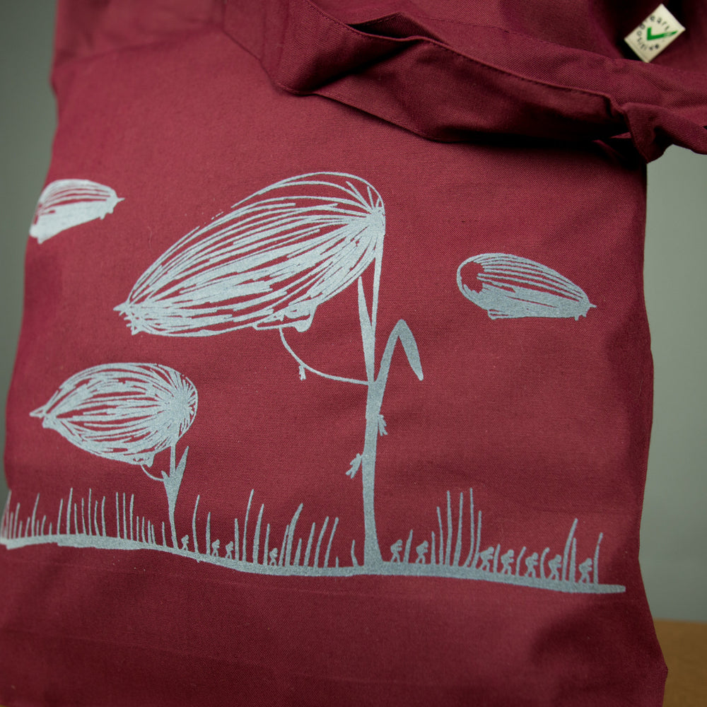 Blumen Einkaufstasche / Zeppelin Jutebeutel bordeaux - grau bedruckter Beutel aus Biobaumwolle - fürn Strand oder zum nachhaltigen Einkaufen