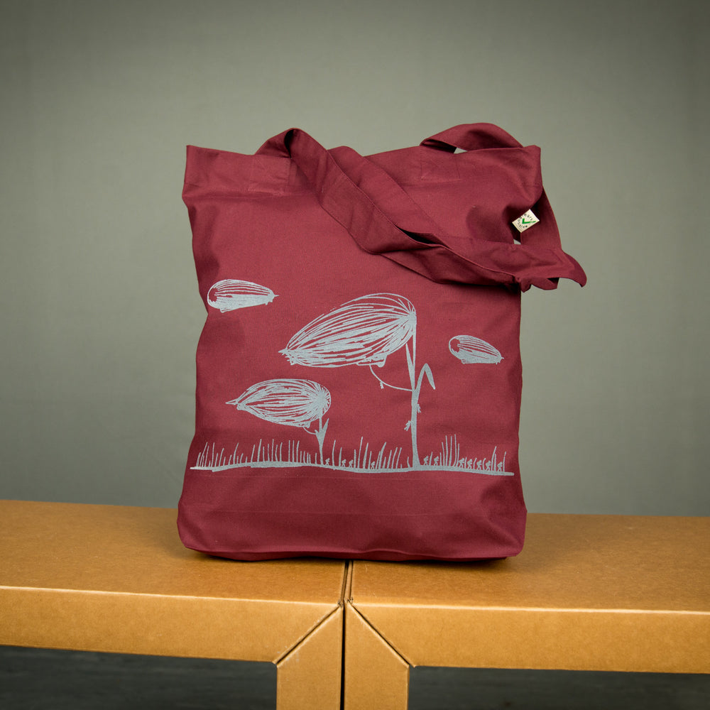 
                  
                    Blumen Einkaufstasche / Zeppelin Jutebeutel bordeaux - grau bedruckter Beutel aus Biobaumwolle - fürn Strand oder zum nachhaltigen Einkaufen
                  
                