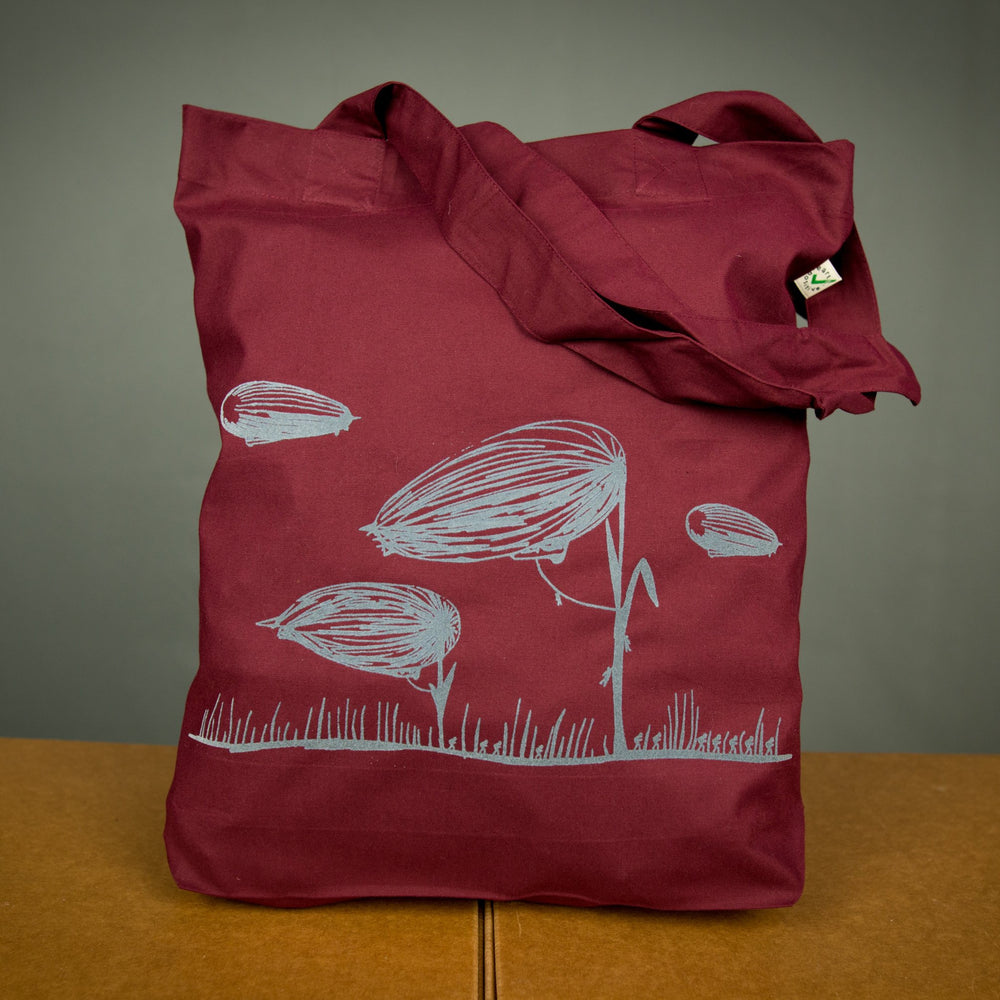 Blumen Einkaufstasche / Zeppelin Jutebeutel bordeaux - grau bedruckter Beutel aus Biobaumwolle - fürn Strand oder zum nachhaltigen Einkaufen