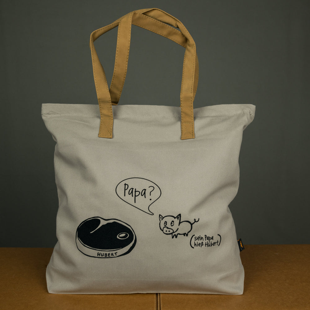 
                  
                    Einkaufstasche mit Reissverschluss und Velour Leder Henkeln mit schwarzem Humor Aufdruck, Schwein und Steak , Geschenk für Veganer Papa
                  
                
